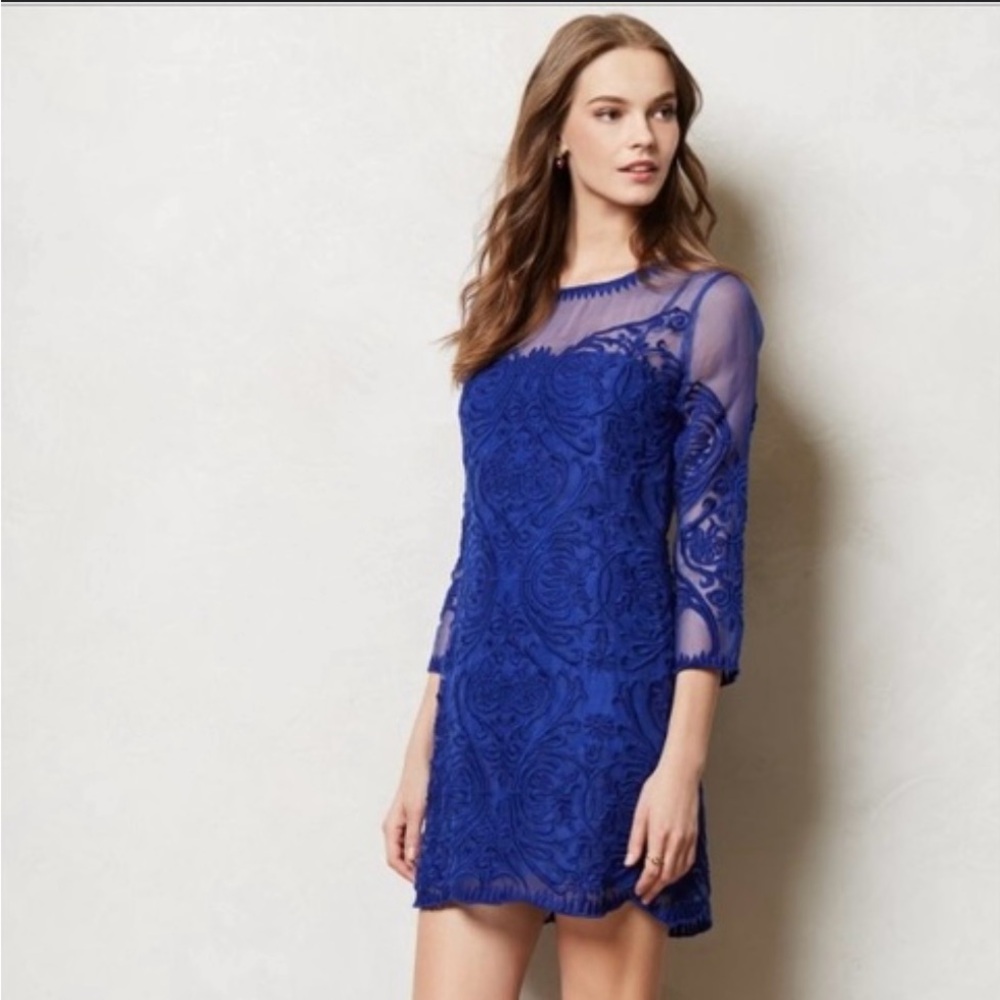 Anthropologie Baraschi Rosebery Embroidered Shift Dress Cobalt Size 8 GUC